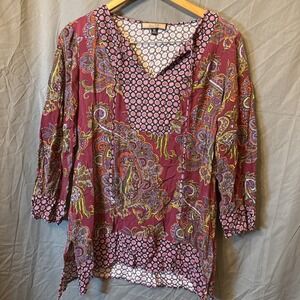 Olive Hill Floral Print Blouse 3/4 Sleeve Tie‎ Neck Bohemian Top Size M